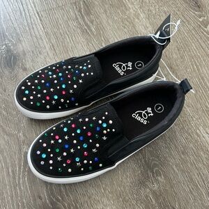 Girl Black Slip On Sneakers with Multicolor Gem and Star Studs size 1